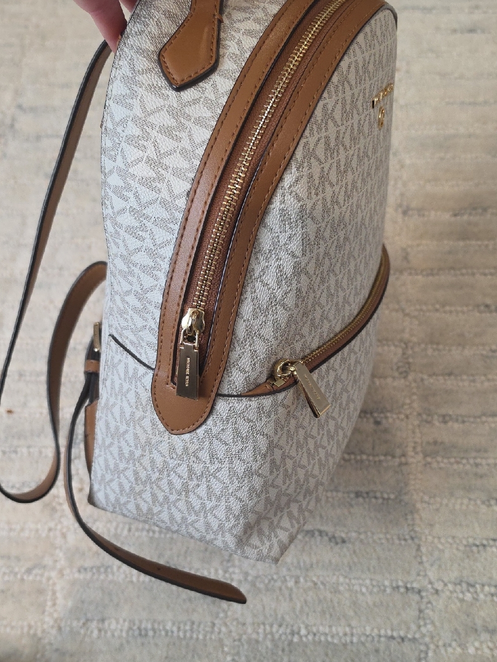 Michael Kors Cream Signature Logo Backpack with Brown Trim - Picture 7 of 8